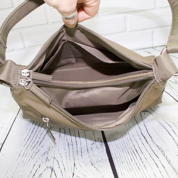 Green Leather Nylon Shoulder Dragonfly Embroidered Handbag Purse - Picture 6 of 8